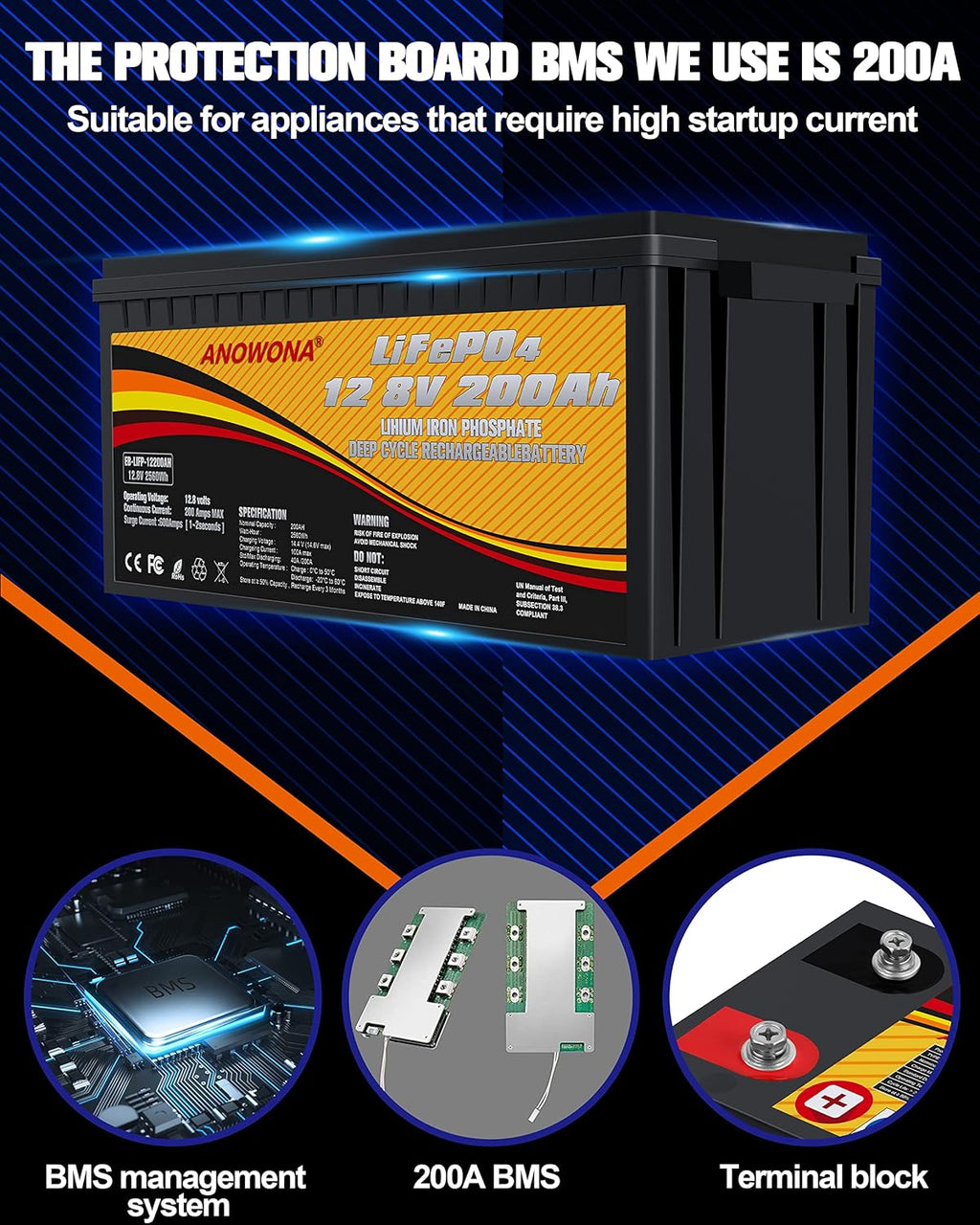 12.8V 200Ah Lithium Iron LiFePO4 Deep Cycle Battery with 100A BMS X663