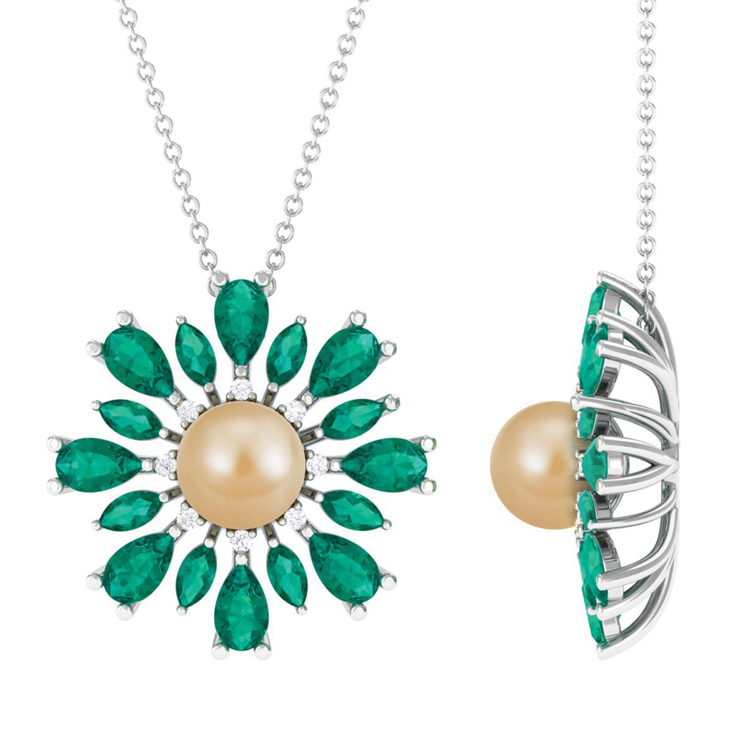 18K White Gold Floral Pendant Necklace with South Sea Pearl, Emerald and Diamond X4652
