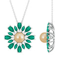 18K White Gold Floral Pendant Necklace with South Sea Pearl, Emerald and Diamond X4652