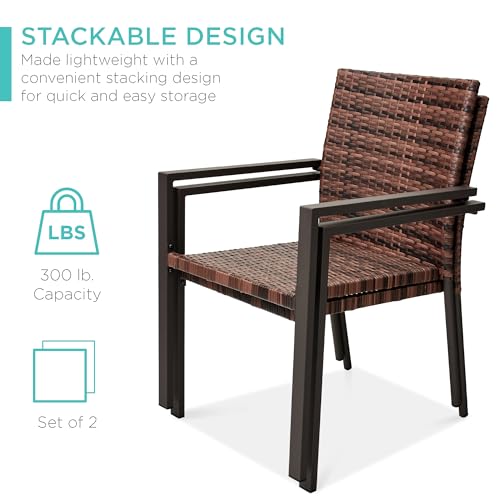 Set of 2 Stackable Outdoor Wicker Dining Armchair with Steel Frame Light Brown J4218