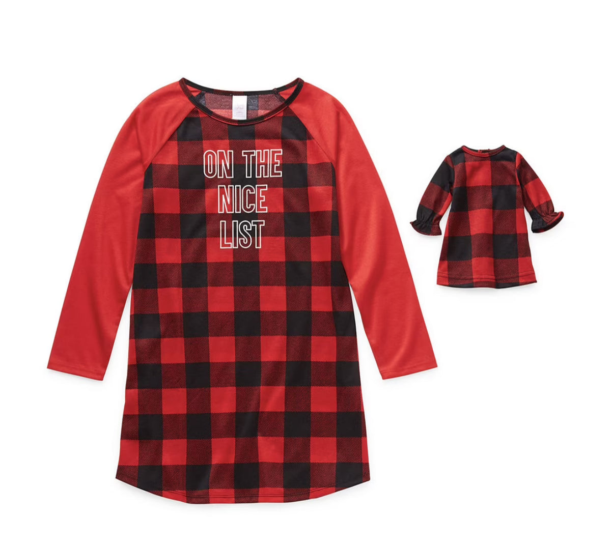 Red Black Plaid Toddler Girls' Long Sleeve Nightshirt Doll Dress Set O130893