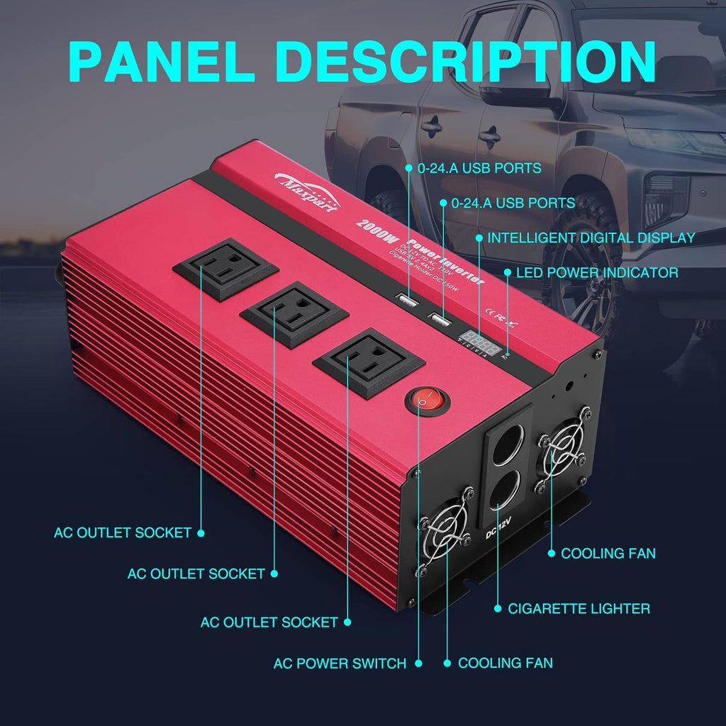 2000W Power Inverter 12v to 110v AC to DC Converter with 3 AC Outlets Dual USB Charging Ports M6316