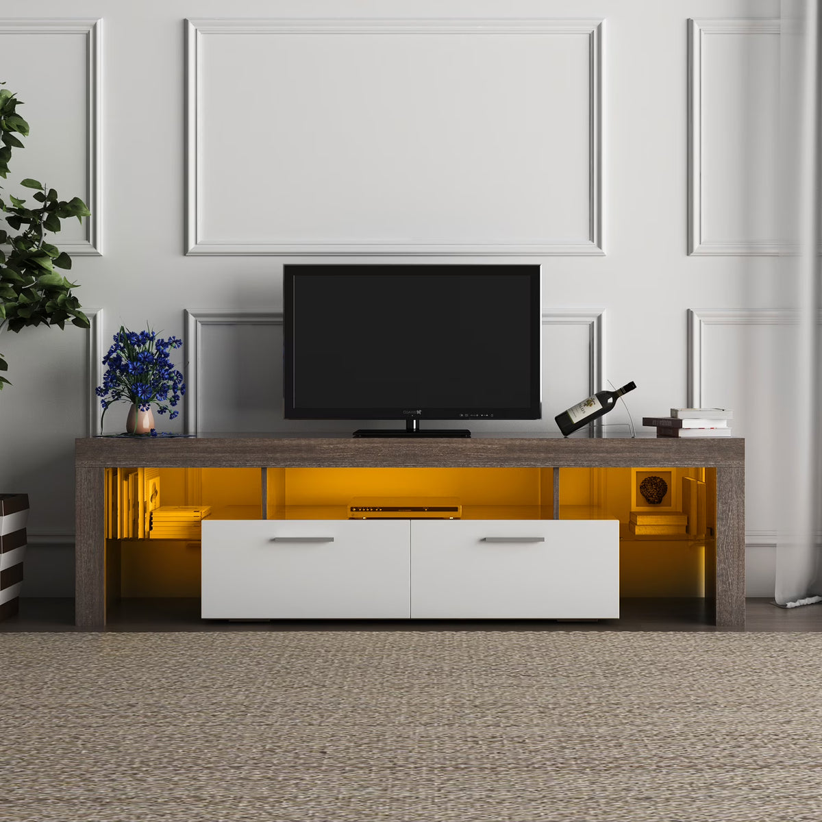 Brown Farmhouse TV Stand with Storage Drawers and Media Shelves Y274