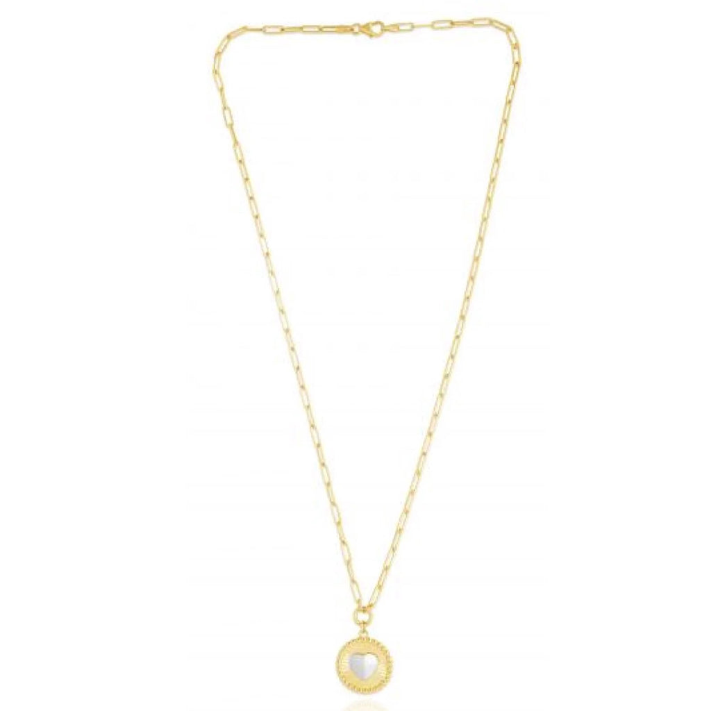 14K Gold Two-Tone Yellow White Round Heart Medallion Paperclip Necklace 18" Z142930