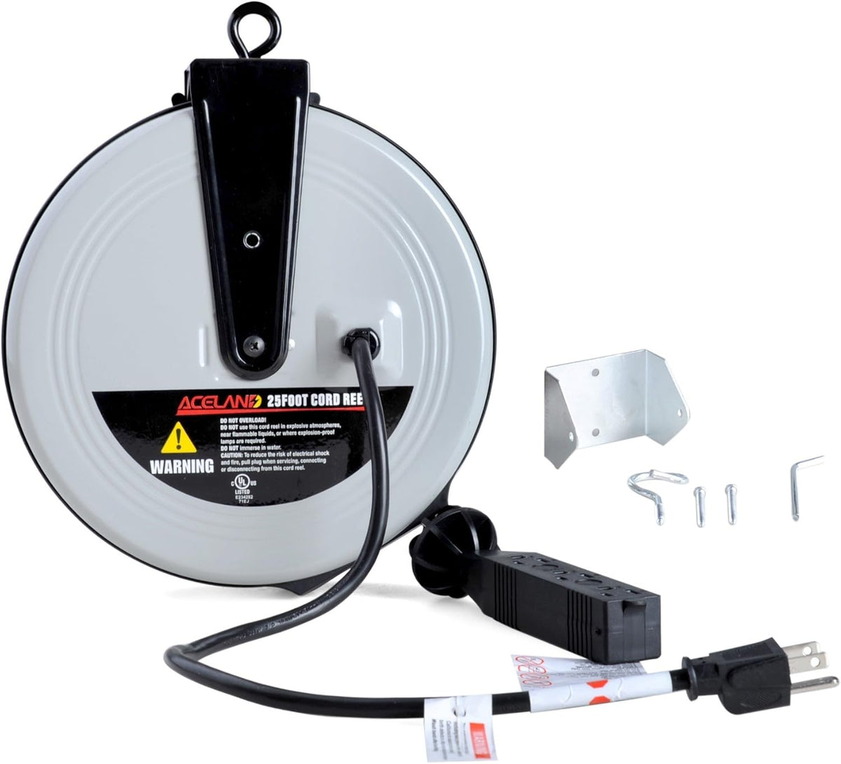 25ft Retractable Extension Cord Reel with 3 Electrical Outlets B12904