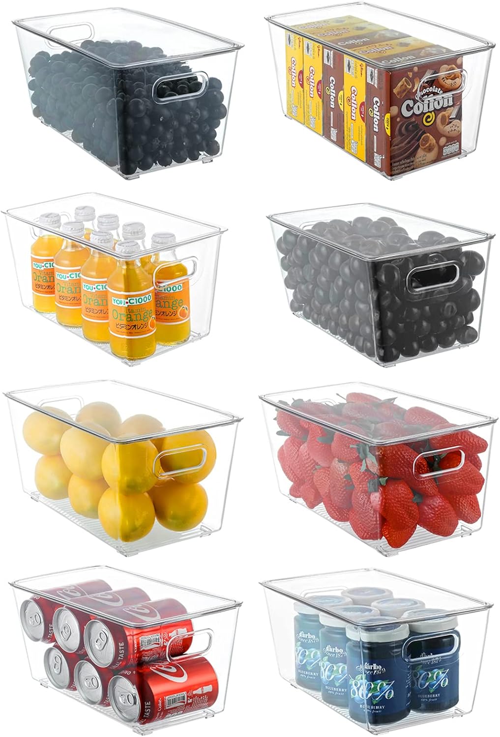 8 Pack Large Clear Fridge Organizer Bins with Lids and Handles E3603