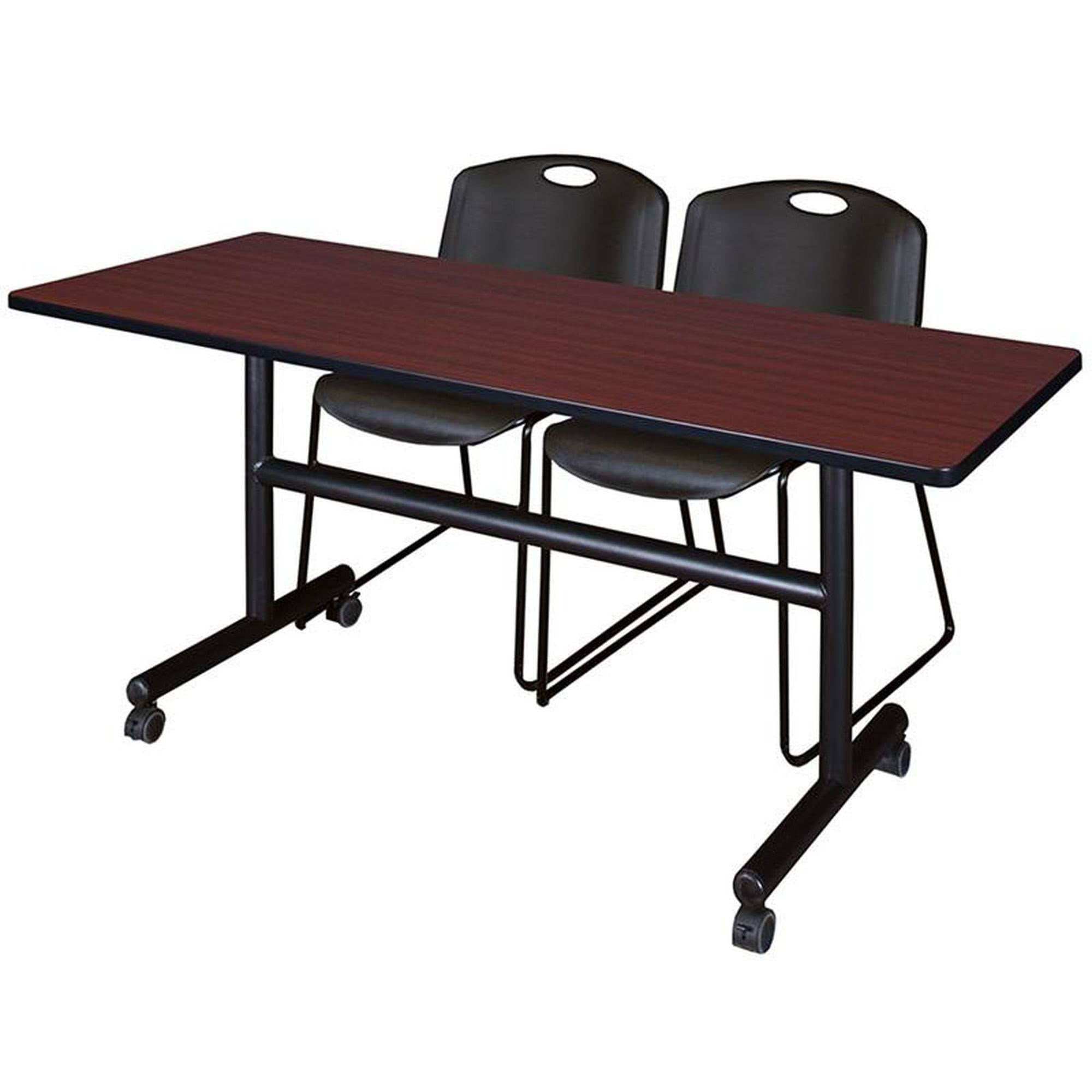 Mahogany Flip Top Mobile Training Table with 2 Stack Chairs X4238