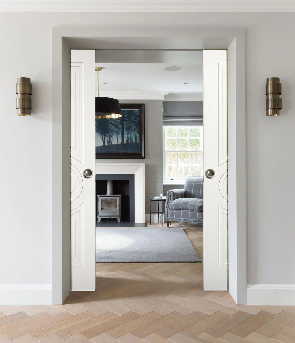 Matte White MDF Sliding French Double Pocket Doors with Kit Rail Hardware N323