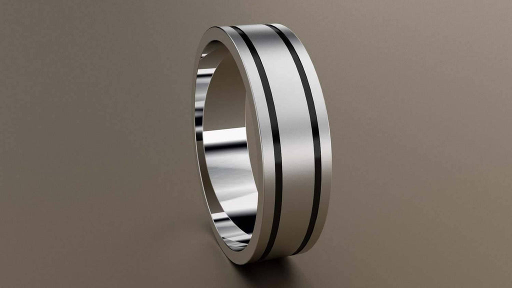 Brushed White Gold 6mm Double Black Groove Wedding Band 10kt Y6637