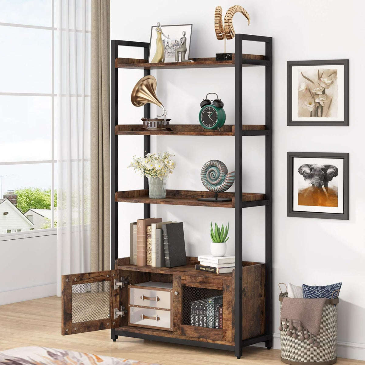 4-Tier Bookshelf with Doors and 2 Storage Cabinets L43347