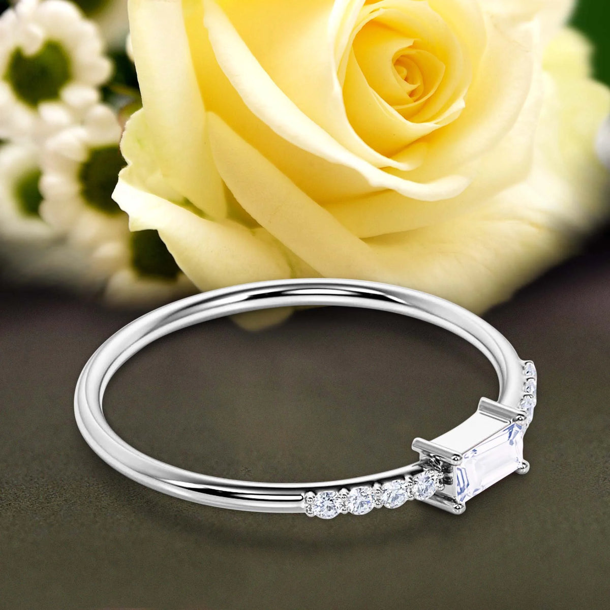 Emerald Cut Diamond Moissanite Engagement Ring in 10k Solid White Gold E390843