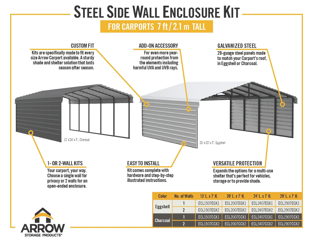 Galvanized Steel Carport Kit, 12' x 29' x 7', Charcoal T73659