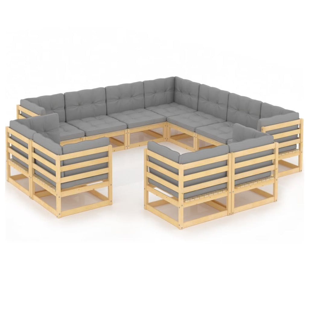 11 Piece Gray Cushion Pinewood Patio Lounge Set C745898