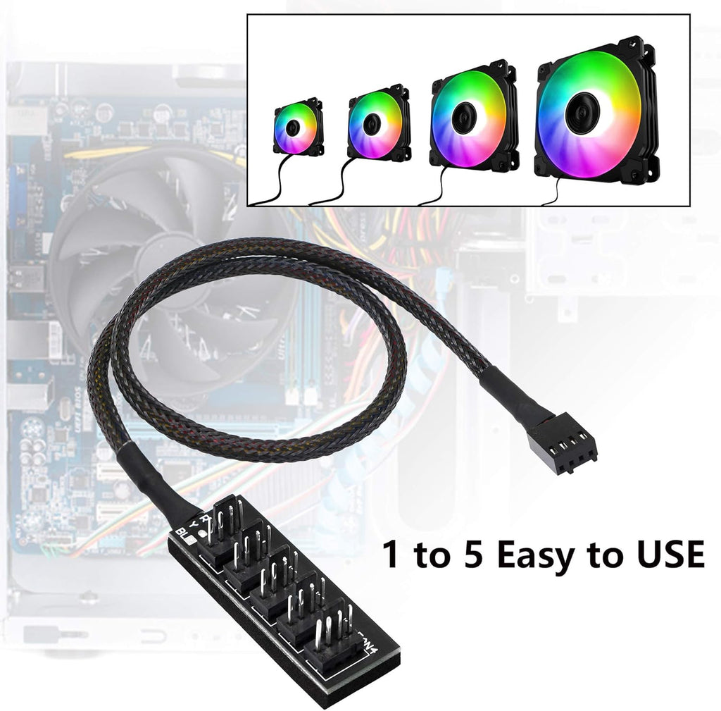 4 Pin PWM Fan Hub Splitter Power Supply Cable 1 to 5 Way PC CPU Cooling Case Fan Power Extension Cable for ATX Computer Case 4-Pin & 3-Pin Cooling Fans 14.8inch 2-Pack I18829