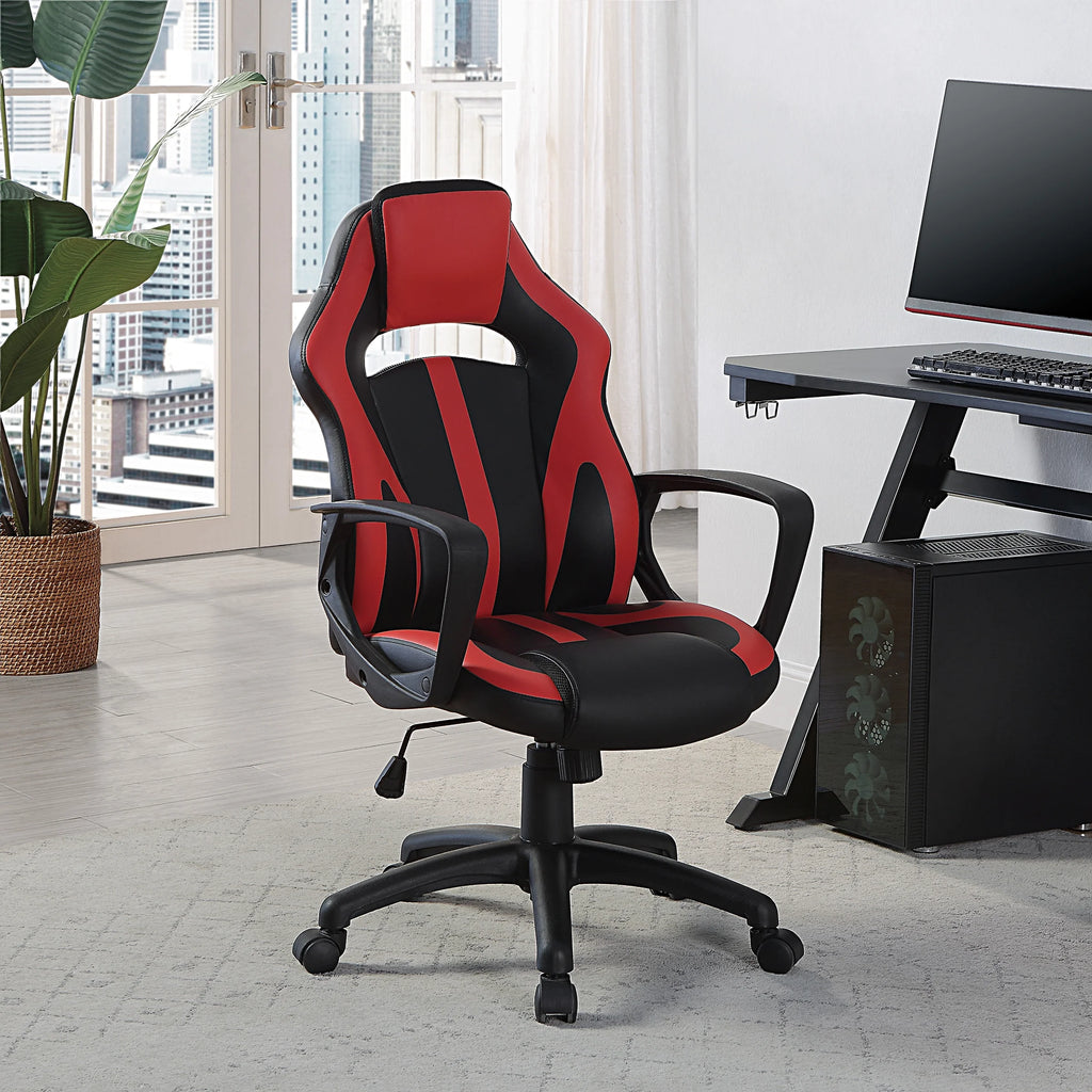 Black Faux Leather Gaming Chair with Red Accents S9805