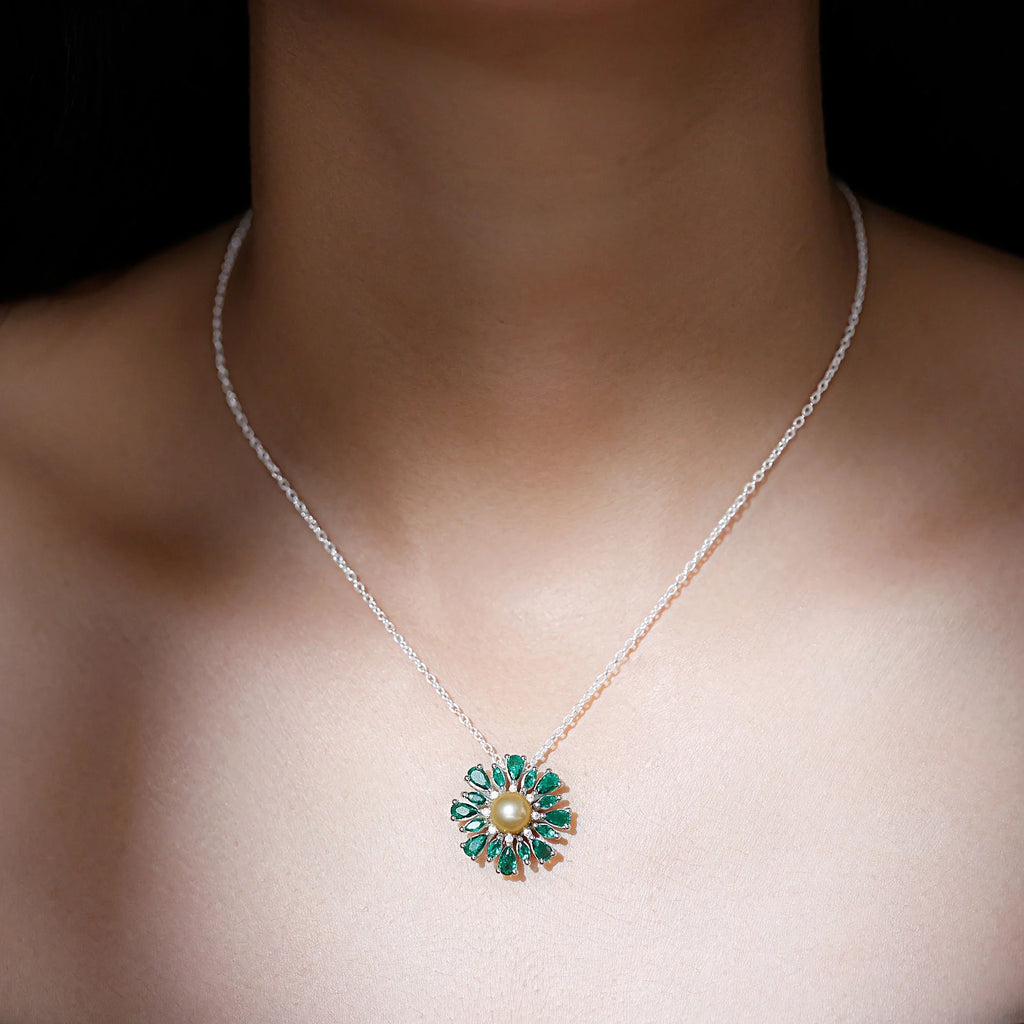 18K White Gold Floral Pendant Necklace with South Sea Pearl, Emerald and Diamond X4652