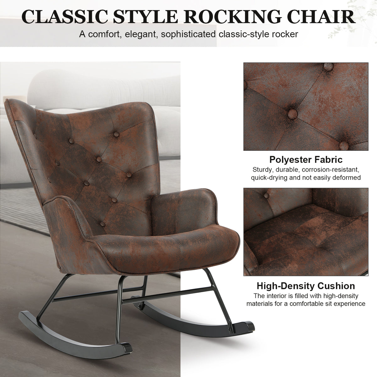 Black Upholstered Rocking Chair with Leather Padded Seat C961153