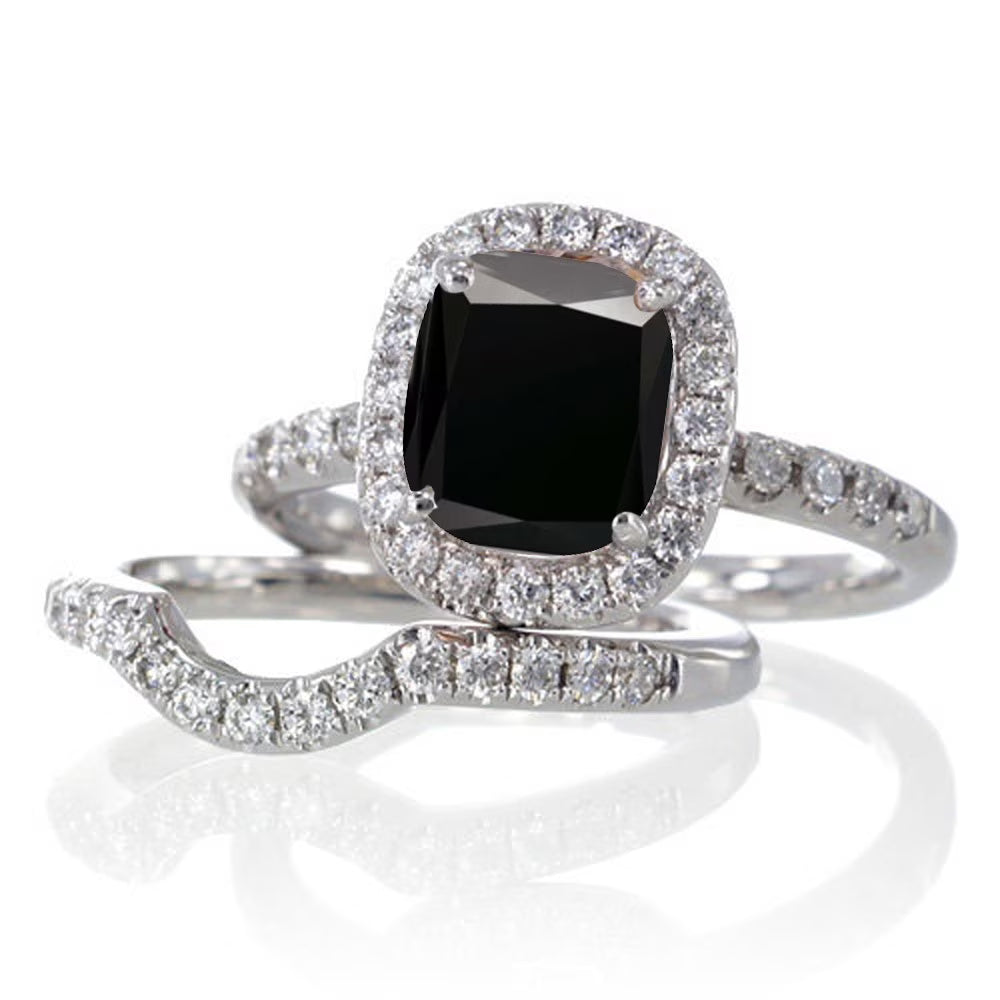 Black Diamond Bridal Ring Set on 10k White Gold R7835