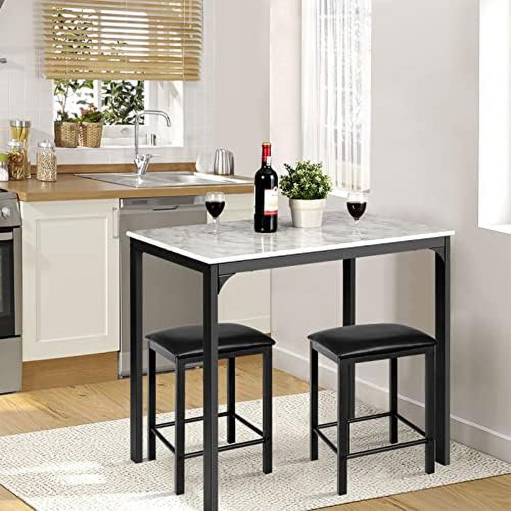 Black 3 Pieces Dining Table Set with Faux Marble Tabletop and PU Leather Stools C9628