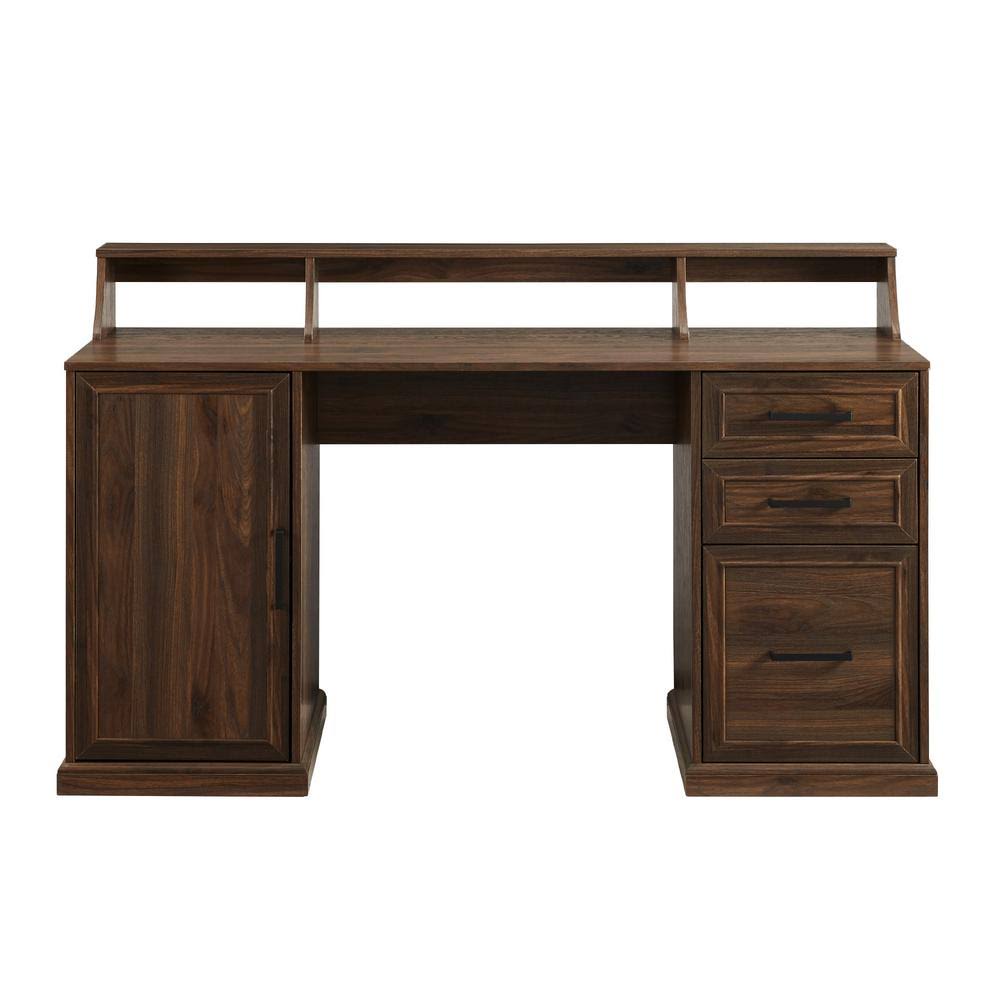 Dark Walnut Wood 3-Drawer Pedestal Writing Desk with Hutch W80355