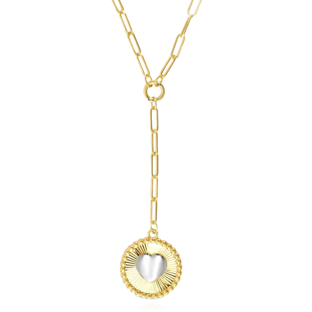 14K Gold Two-Tone Yellow White Round Heart Medallion Paperclip Necklace 18" Z142930