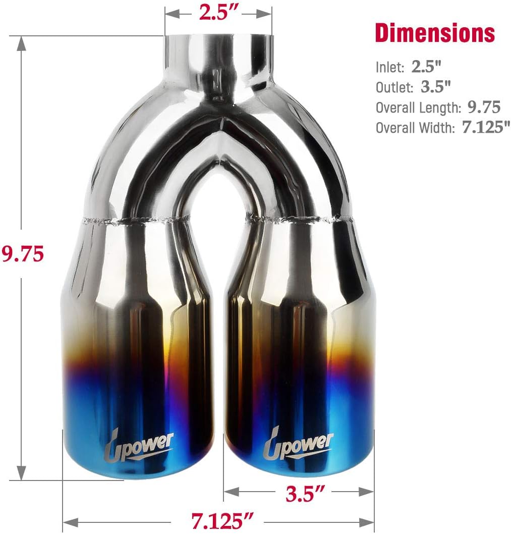 2.5 Inch Inlet 3.5 Inch Outlet Dual Exhaust Tips Stainless Steel Polished Blue Pack of 2 M539