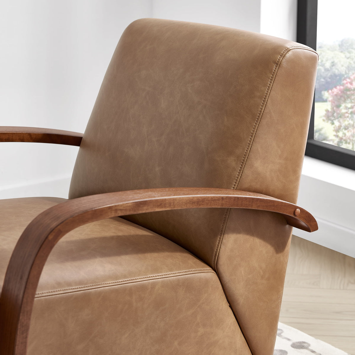 Cognac Brown & Walnut Swivel Accent Chair with U-shaped Wood Arm K65897
