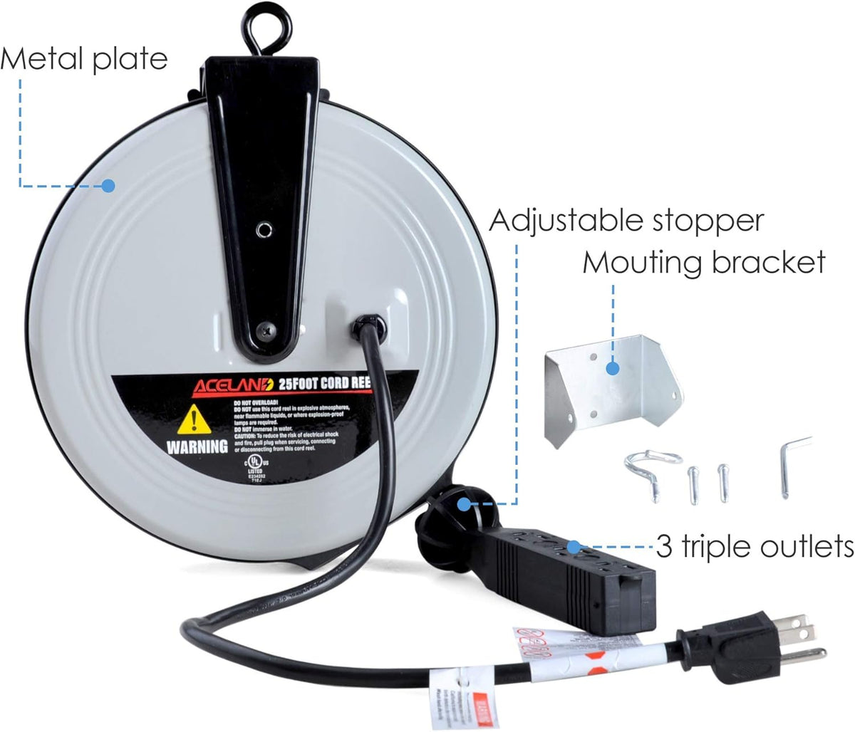 25ft Retractable Extension Cord Reel with 3 Electrical Outlets B12904