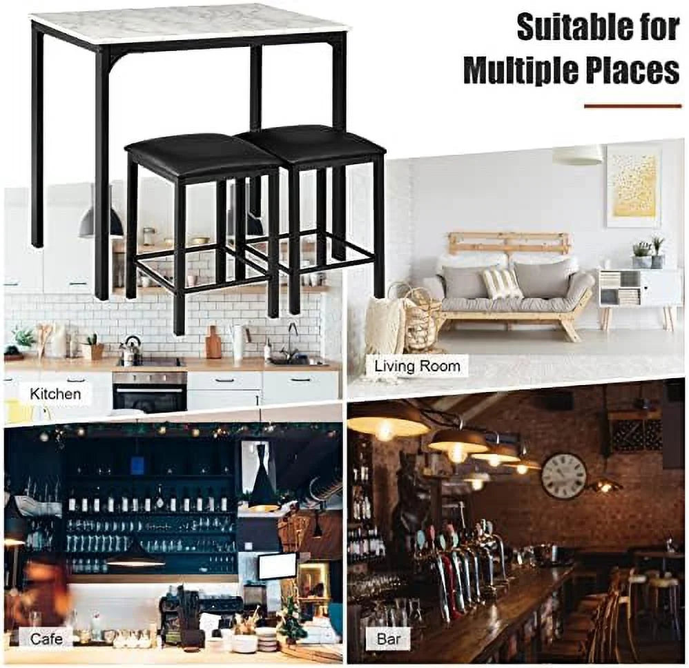 Black 3 Pieces Dining Table Set with Faux Marble Tabletop and PU Leather Stools C9628