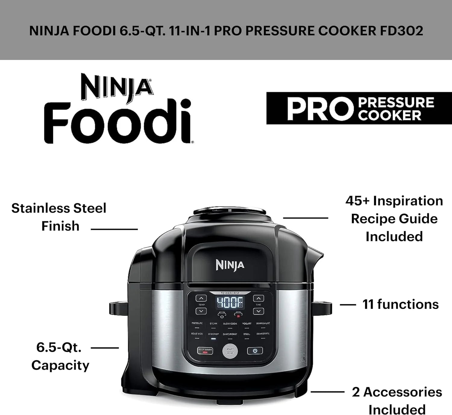 6.5 qt 11-in-1 Pro Pressure Cooker Air Fryer with Stainless Finish T85364