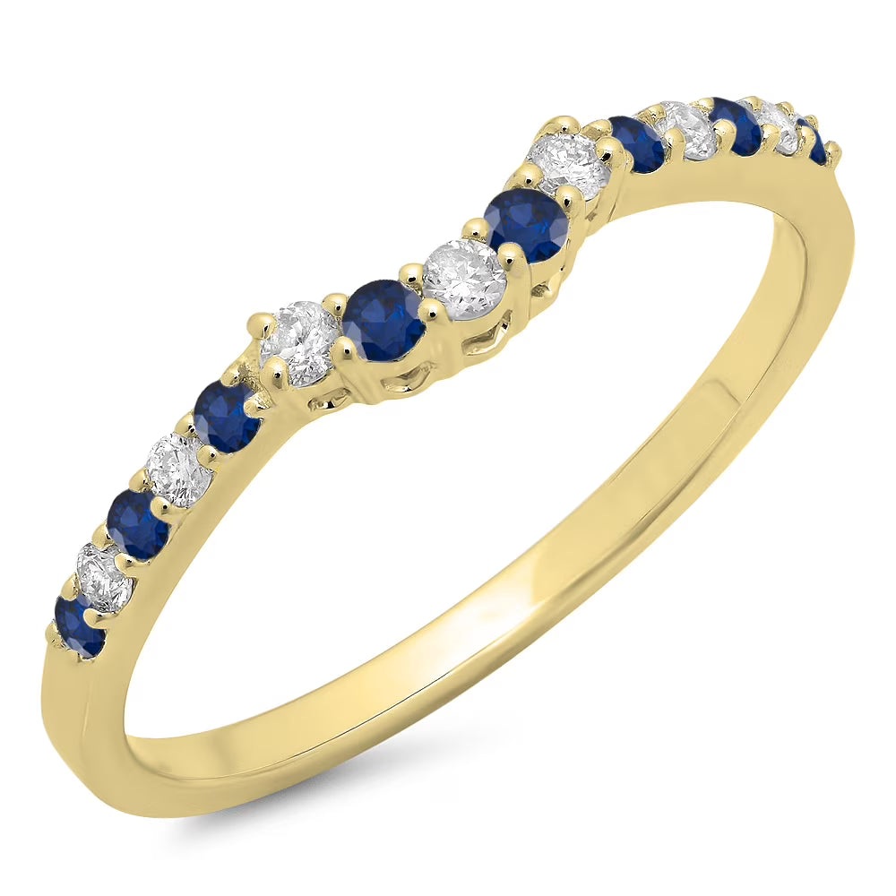 14K Yellow Gold Blue Sapphire White Diamond Contour Wedding Band R197585