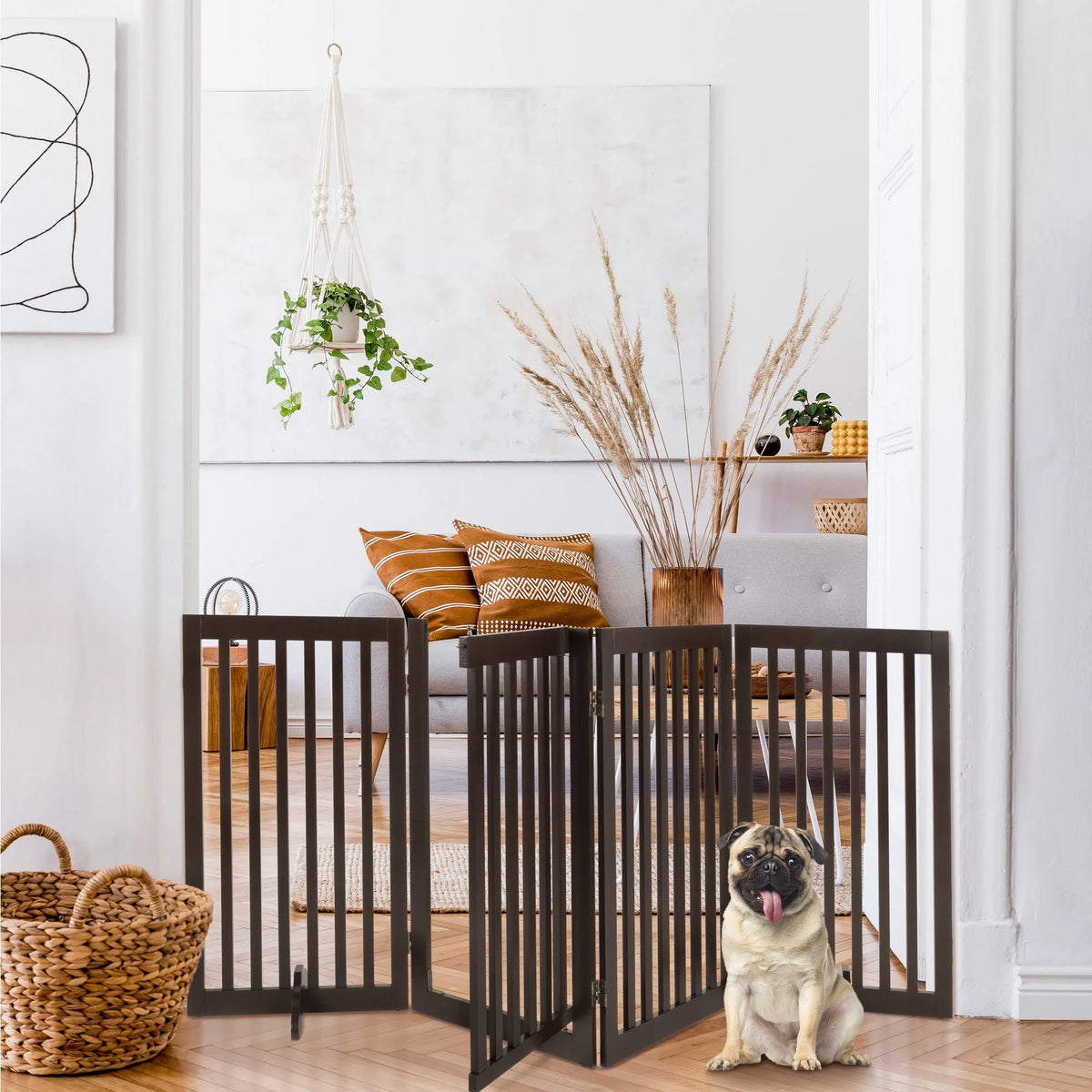 Espresso 4-Panel Freestanding Wooden Pet Gate with Walk Through Door V143300