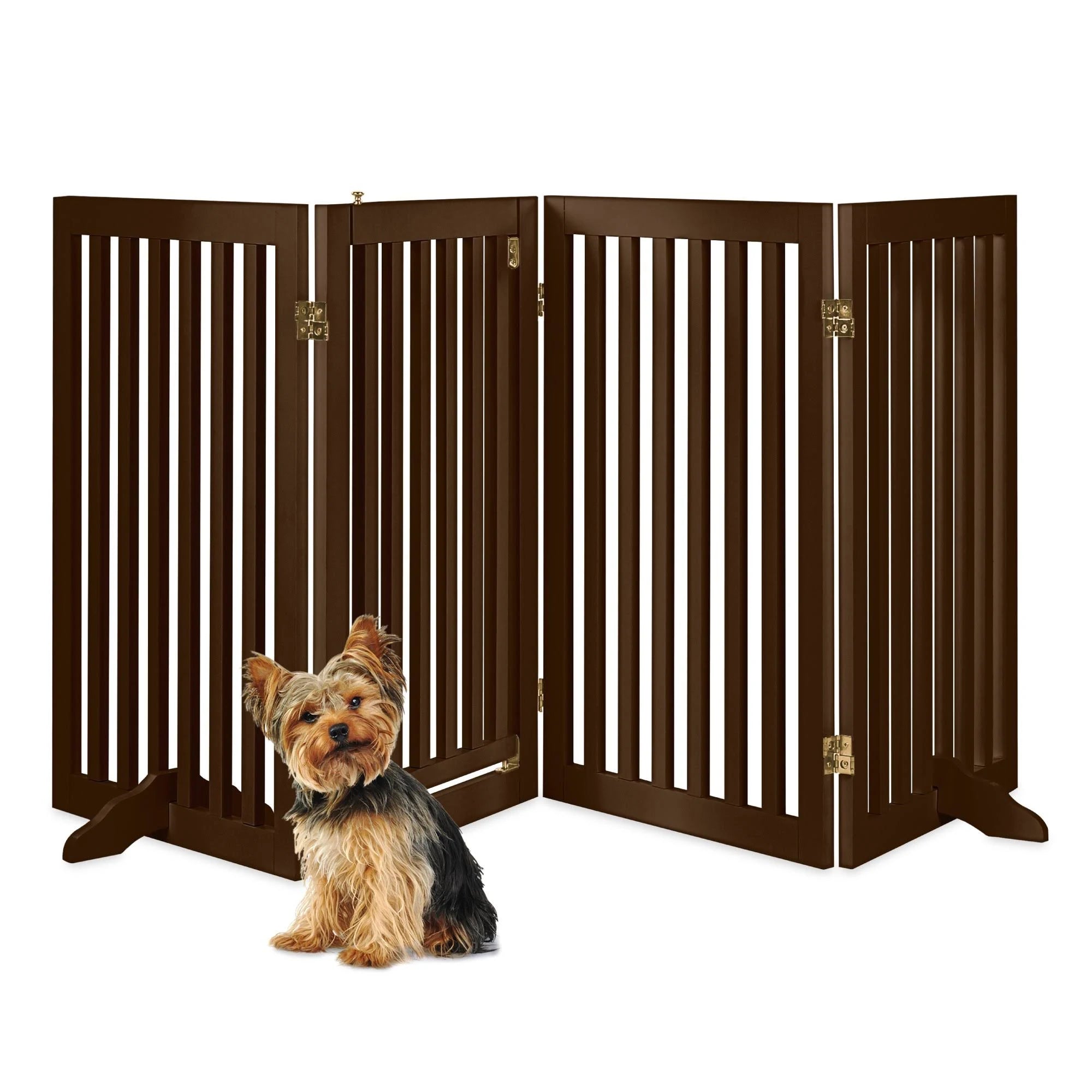 Espresso 4-Panel Freestanding Wooden Pet Gate with Walk Through Door V143300