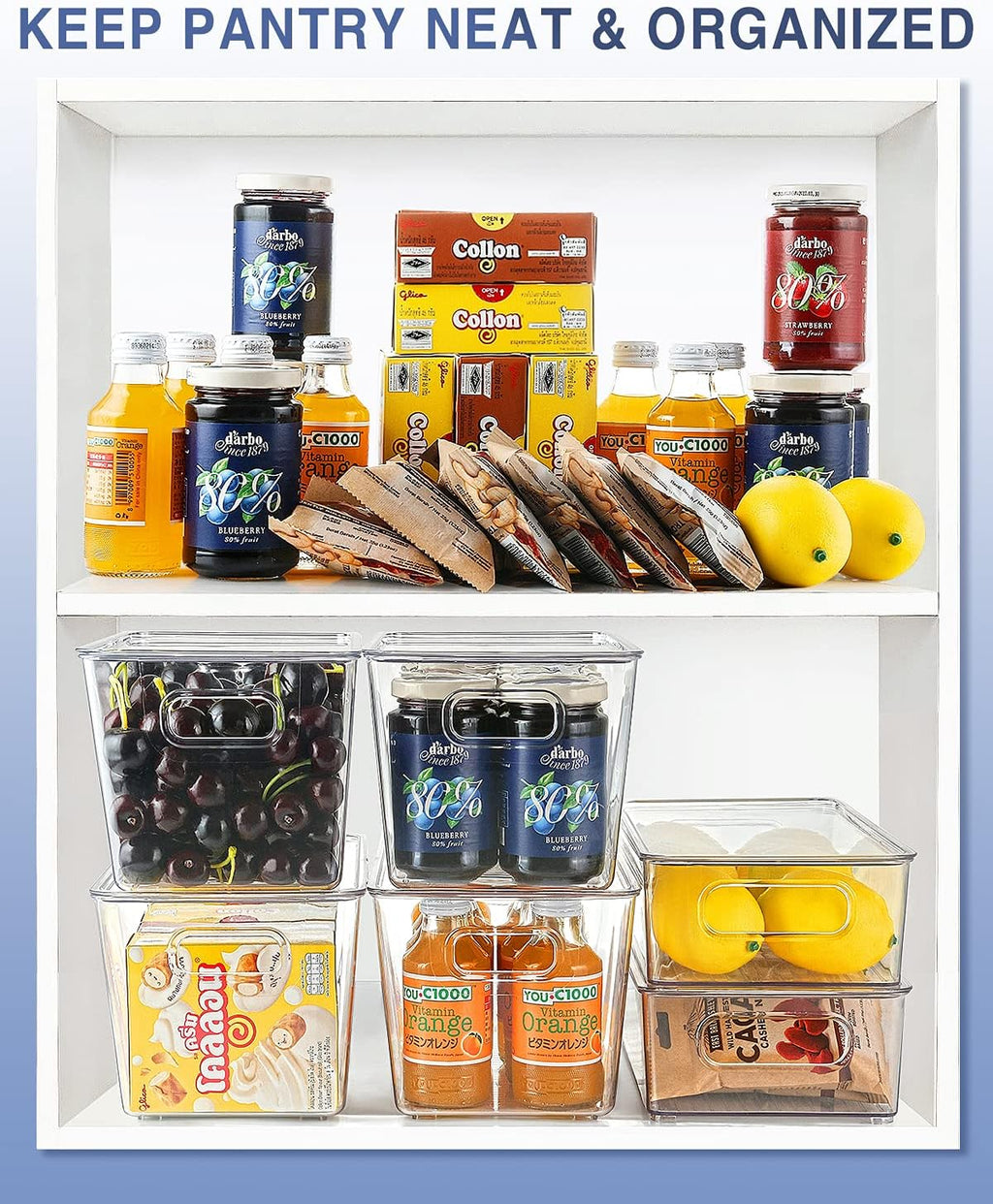 8 Pack Large Clear Fridge Organizer Bins with Lids and Handles E3603