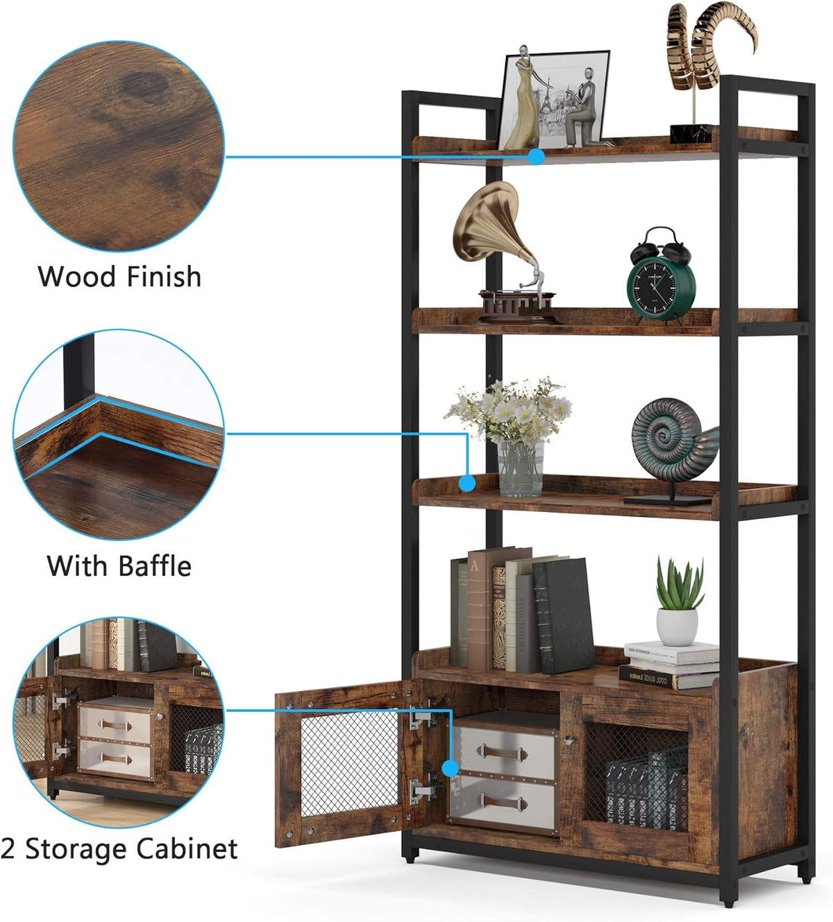 4-Tier Bookshelf with Doors and 2 Storage Cabinets L43347