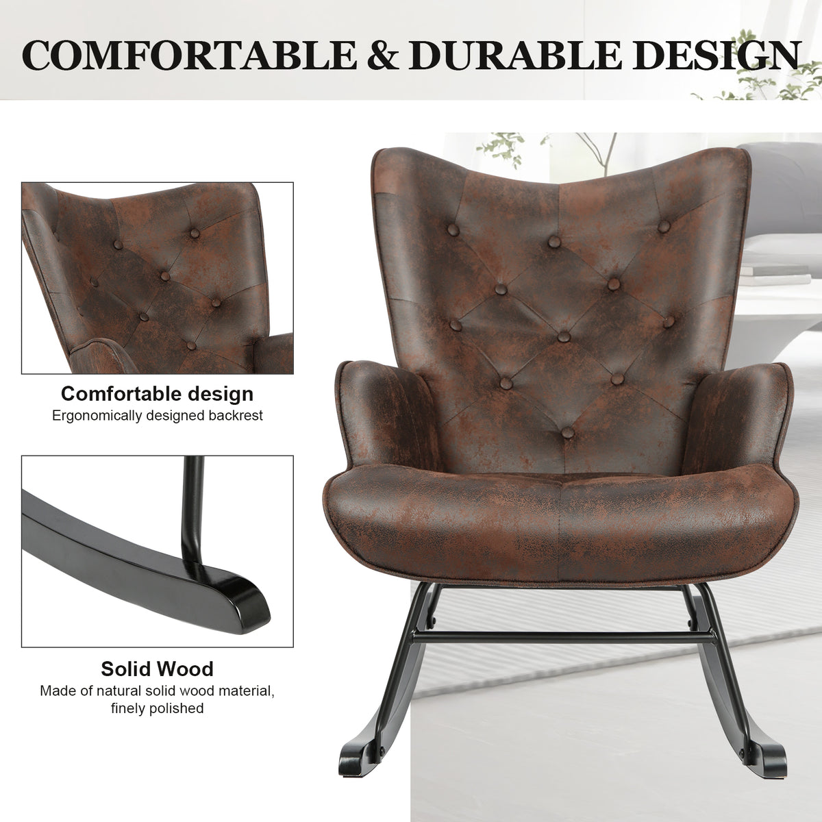 Black Upholstered Rocking Chair with Leather Padded Seat C961153
