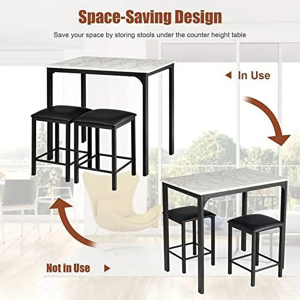 Black 3 Pieces Dining Table Set with Faux Marble Tabletop and PU Leather Stools C9628