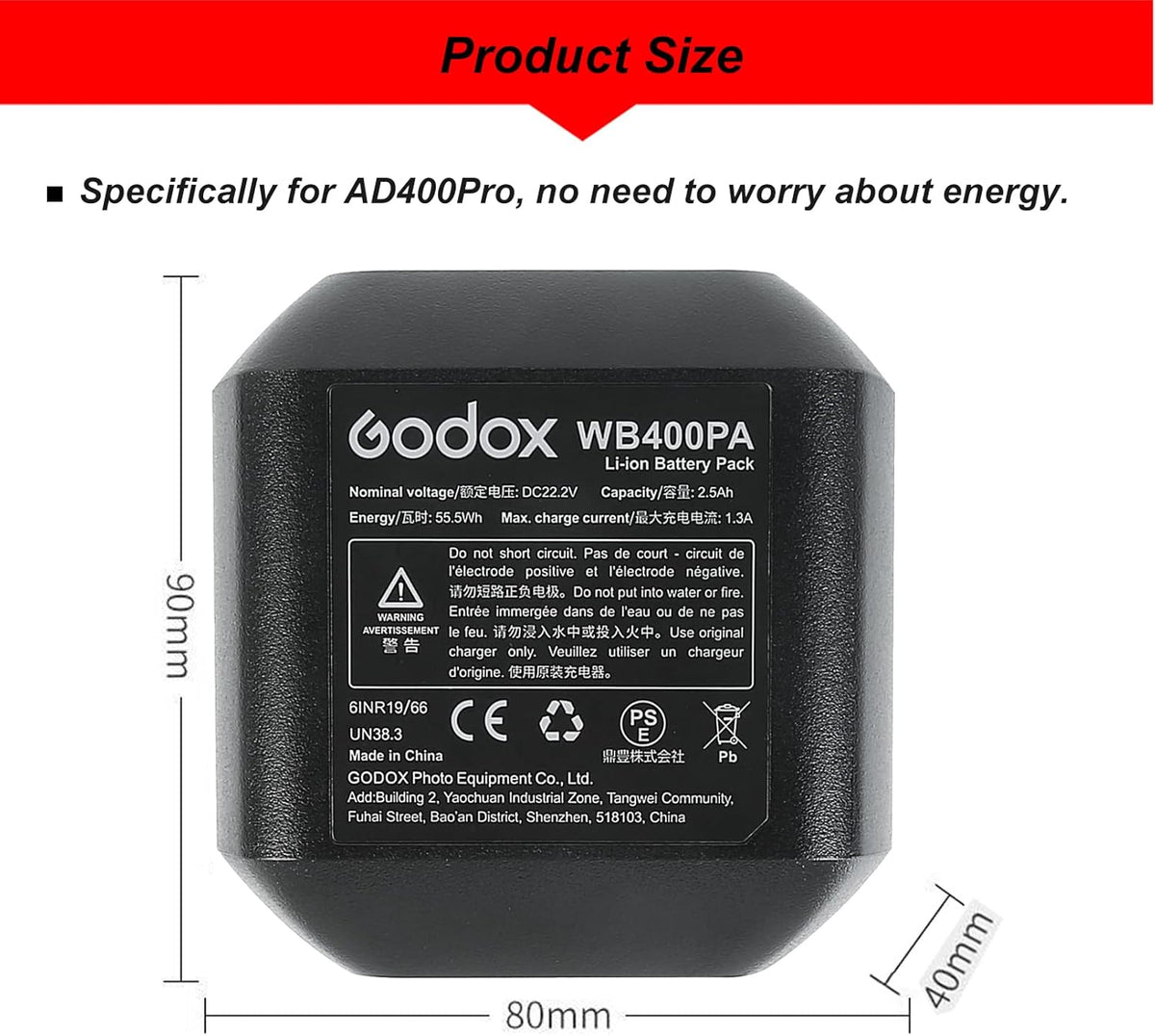 22.2V 2500mAh Li-ion Battery Pack for AD400 Pro Studio Flash Strobe Light E486