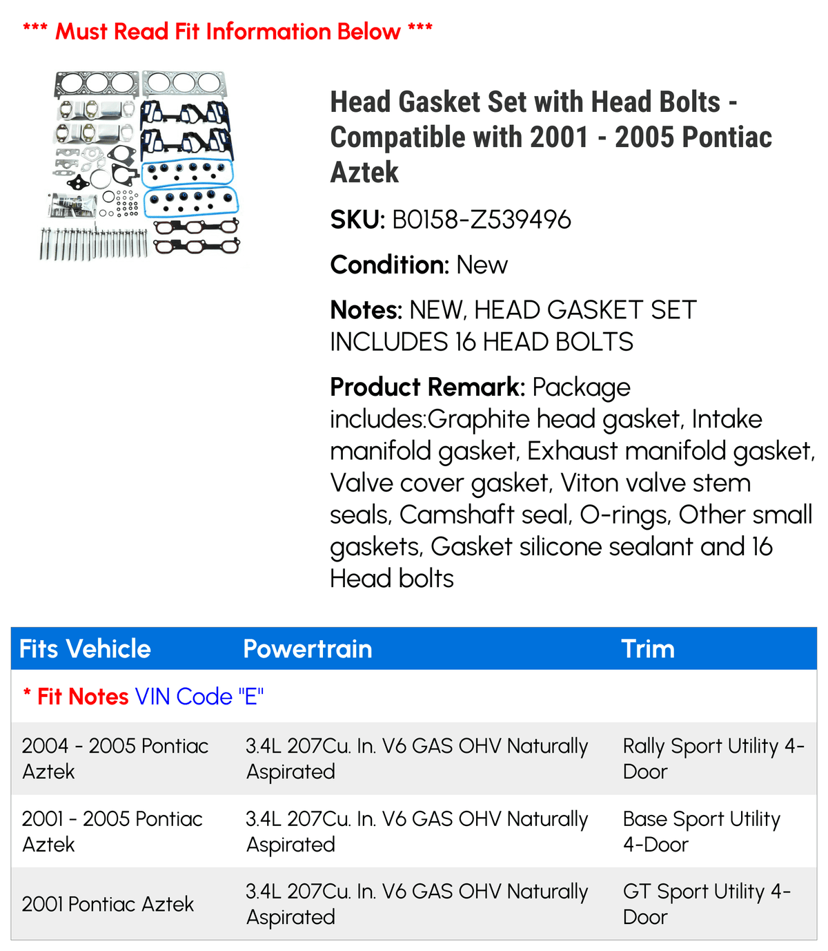 Head Gasket Set with Head Bolts S76552