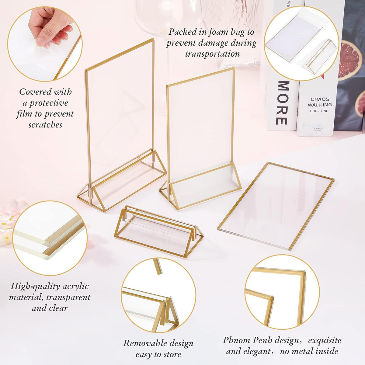 16 Pc Gold Rimmed Clear Acrylic Table Sign Holders, Double Sided Frame with Vertical Stand, 4 x 6 Inch, Pack of 2 O487215