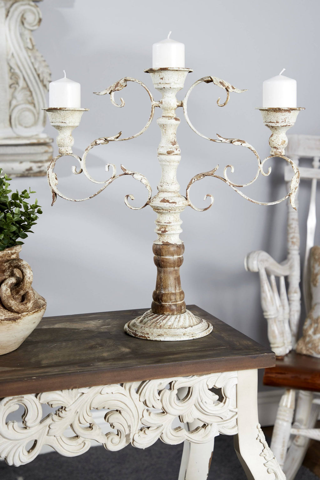 White Metal and Wood Candelabra with 3 Candle Holder R889