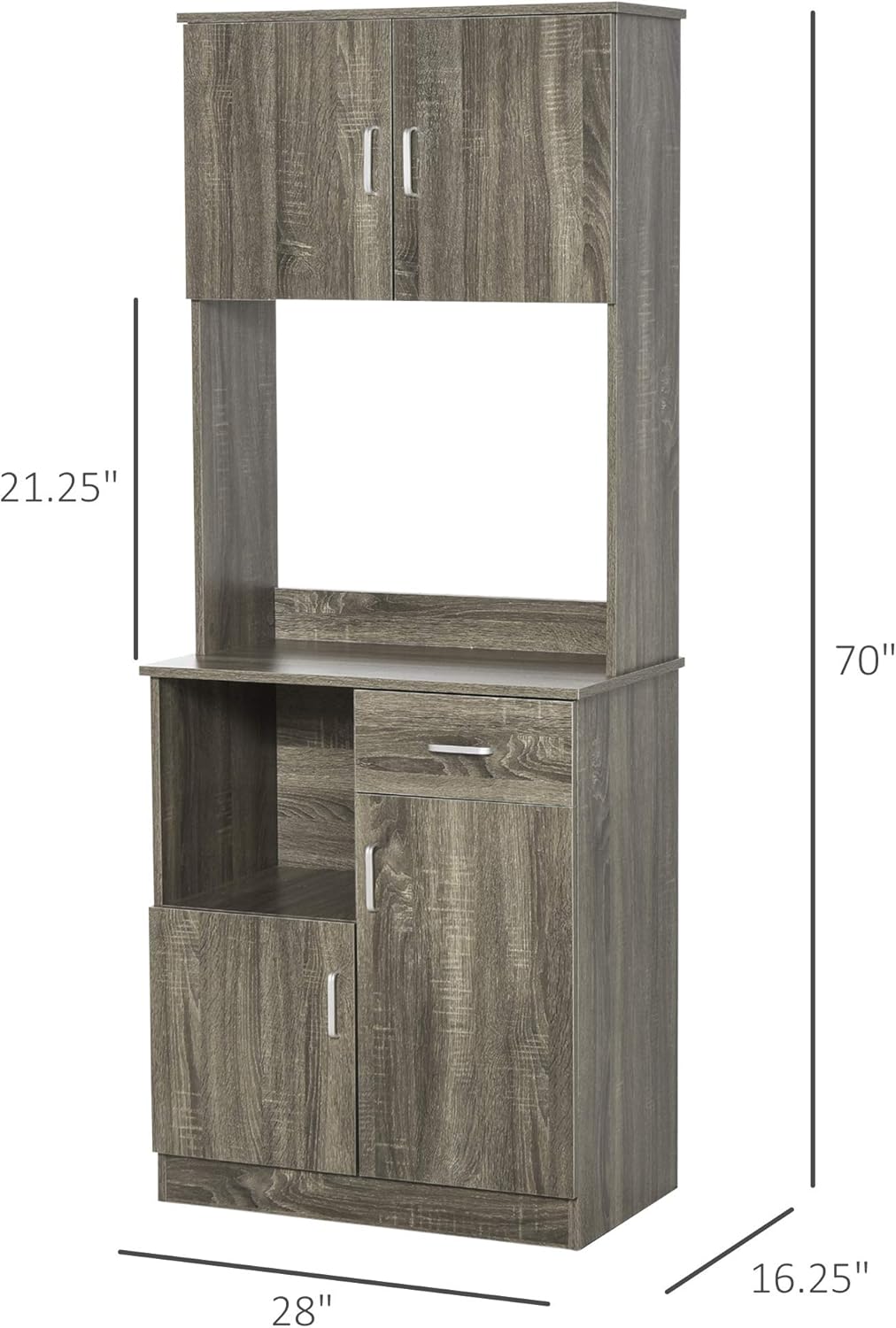 Grey Kitchen Buffet with Hutch Pantry Storage, 2 Cabinets, Adjustable Shelves S8392