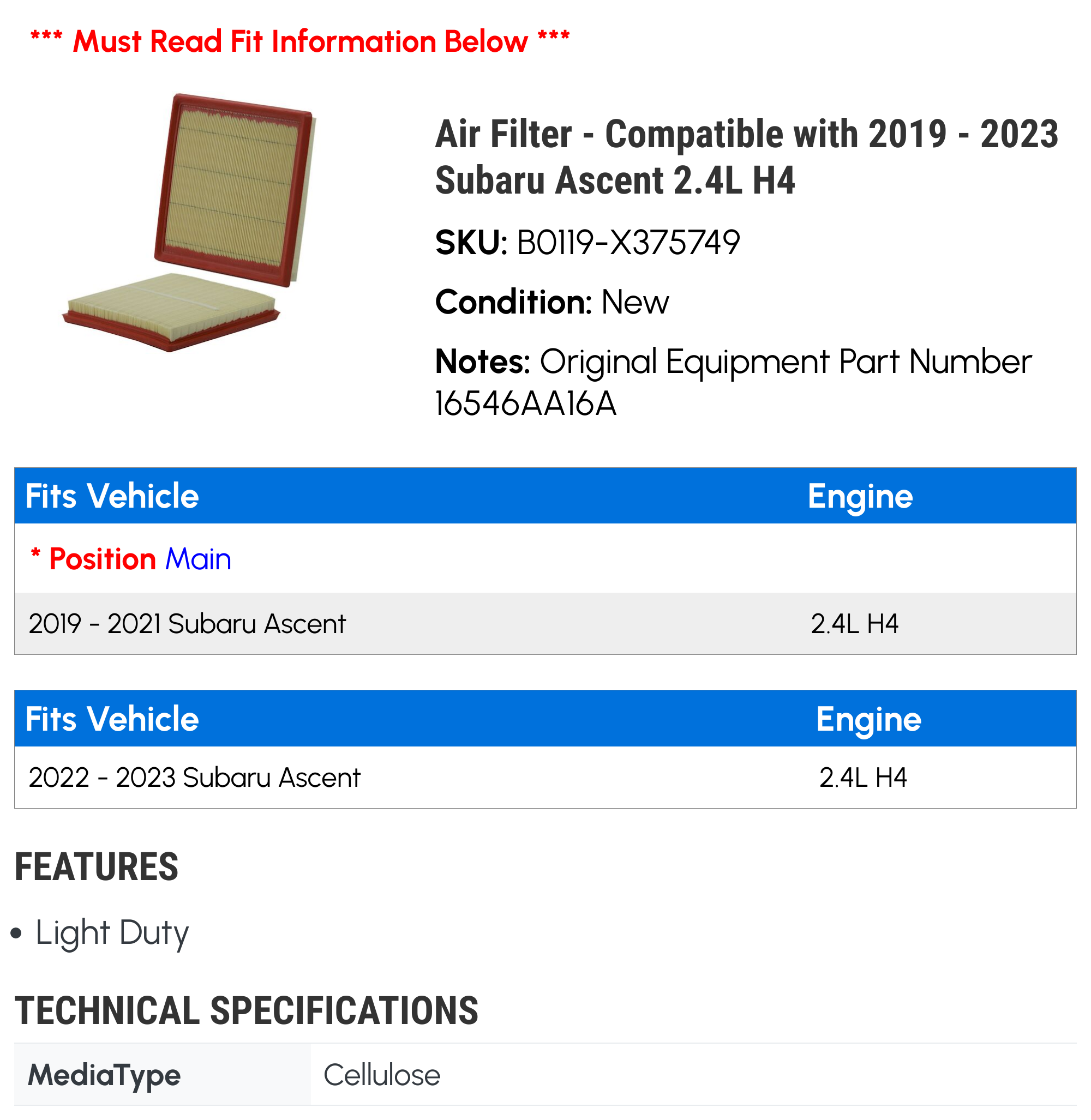 Air Filter for Subaru Ascent 2.4L H4 U131
