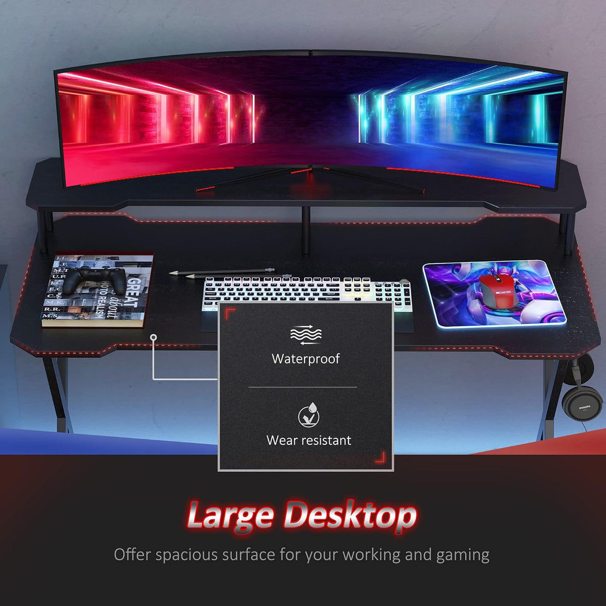 Black 55 inch Gaming Desk with Monitor Stand and Headphone Hook N37469