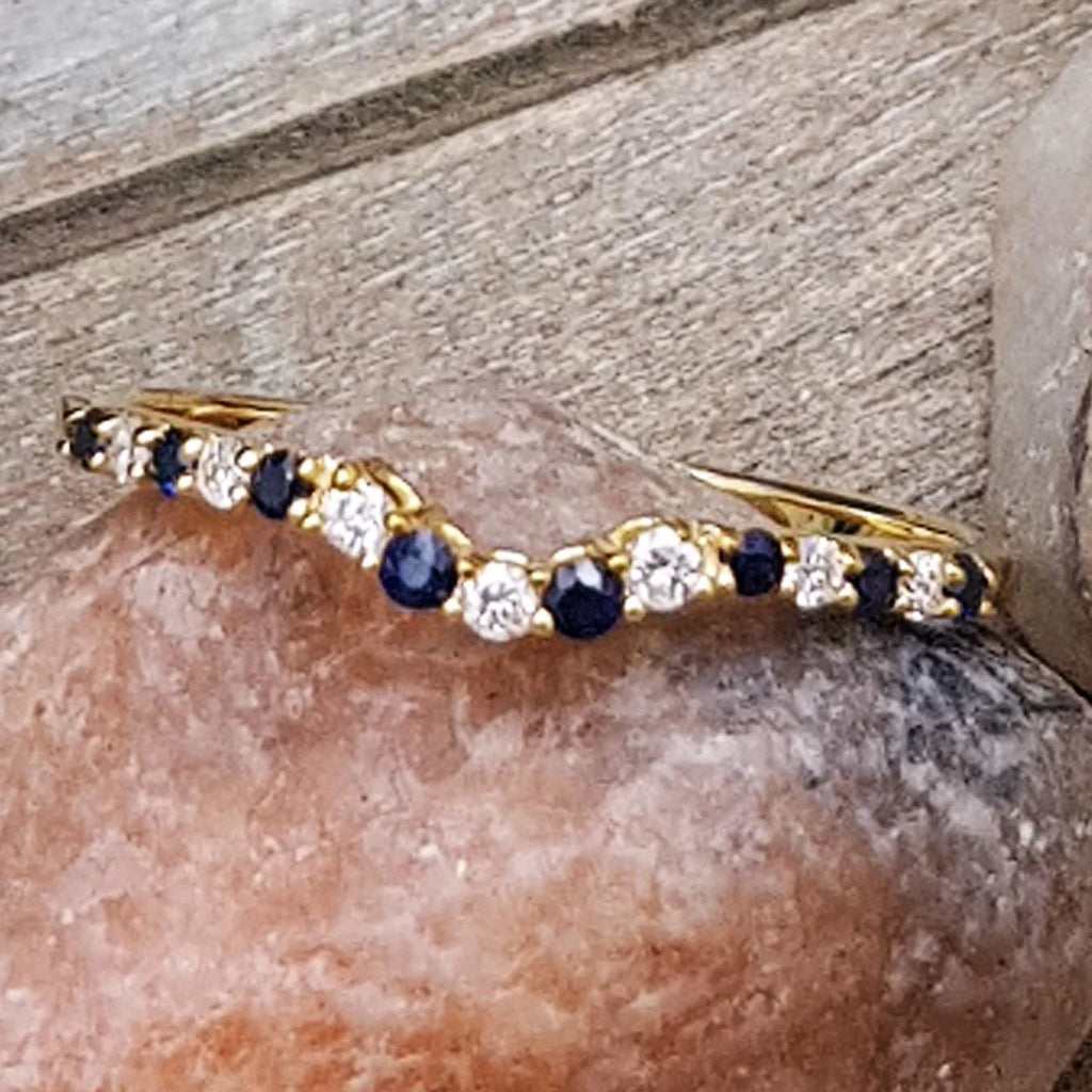 14K Yellow Gold Blue Sapphire White Diamond Contour Wedding Band R197585