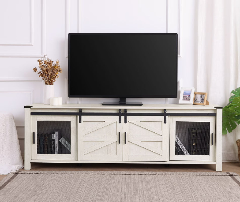 White Wood Entertainment Center for TV with Sliding Barn Door and Storage Shelf C21590