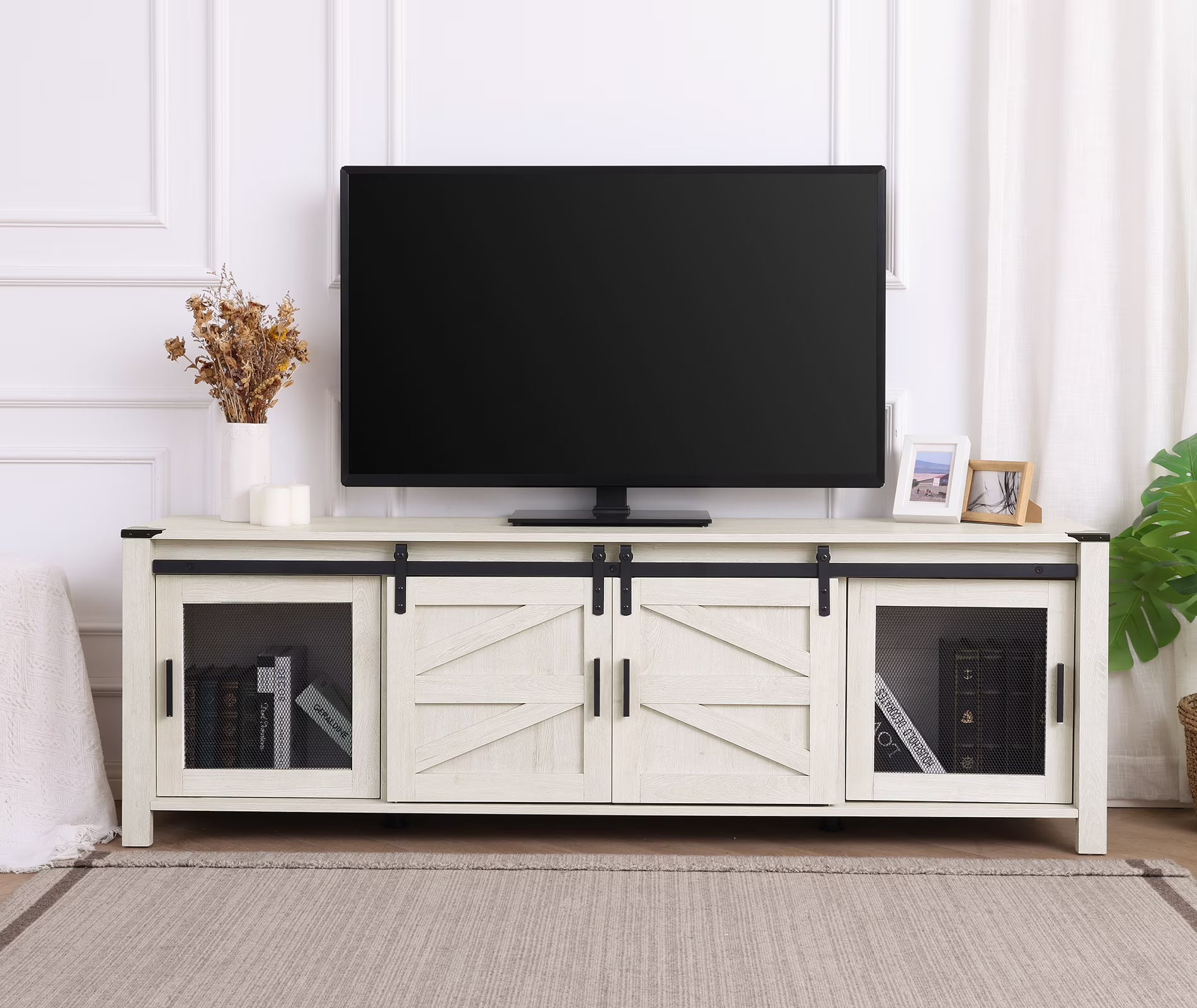 White Wood Entertainment Center for TV with Sliding Barn Door and Storage Shelf C21590