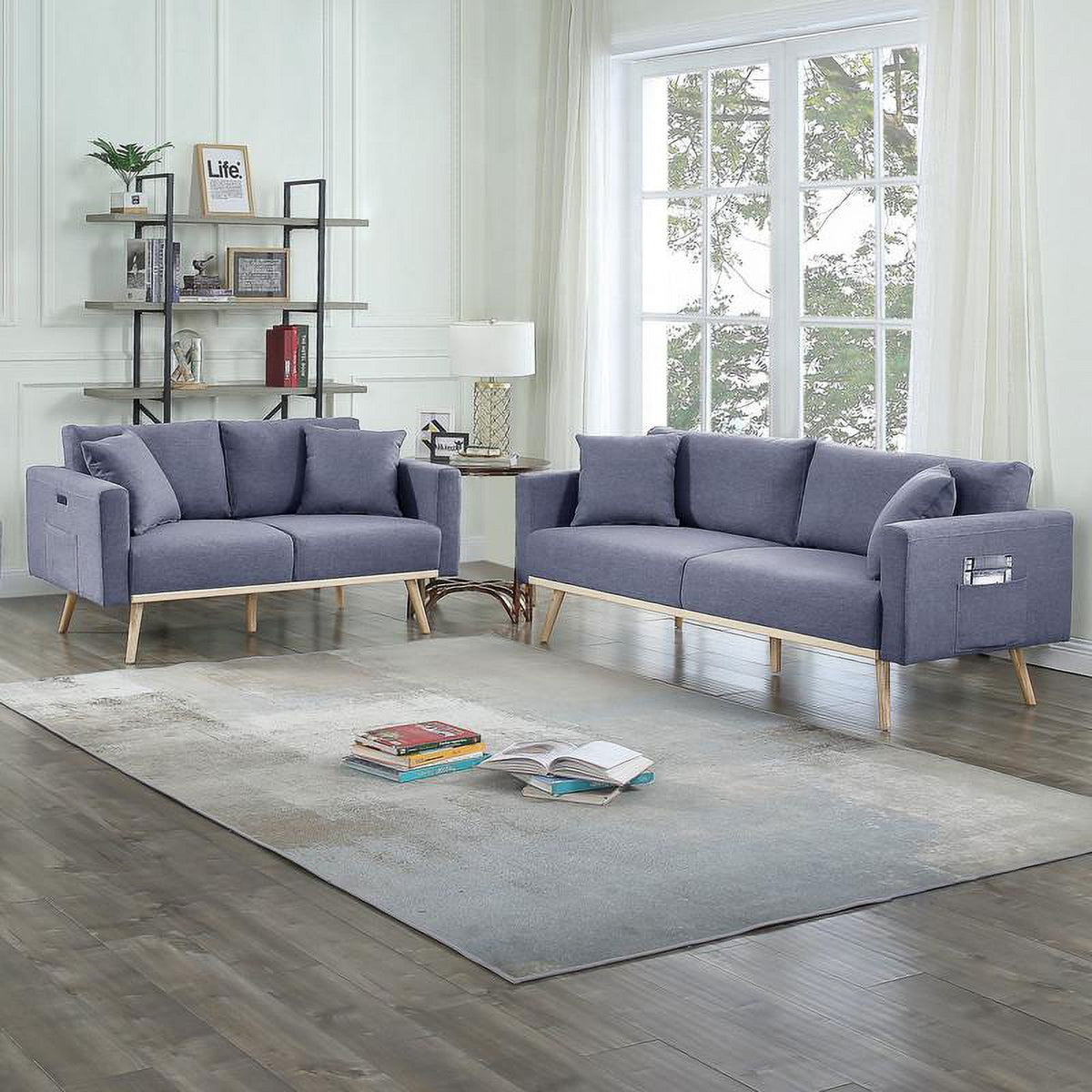 Dark Gray Linen Fabric Sofa Loveseat Set with USB Ports X934504