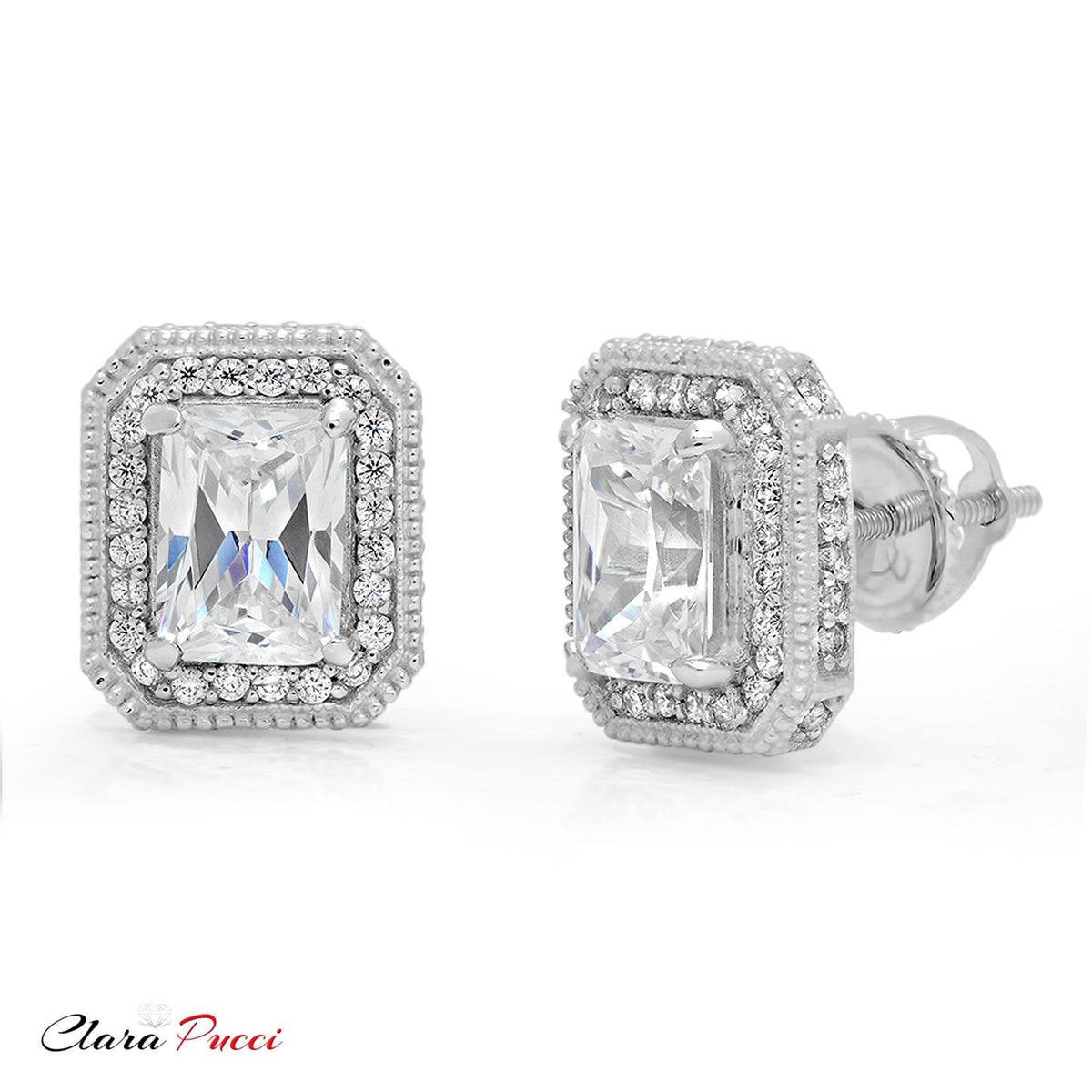 18K White Gold Emerald Cut Halo Stud Earrings D896