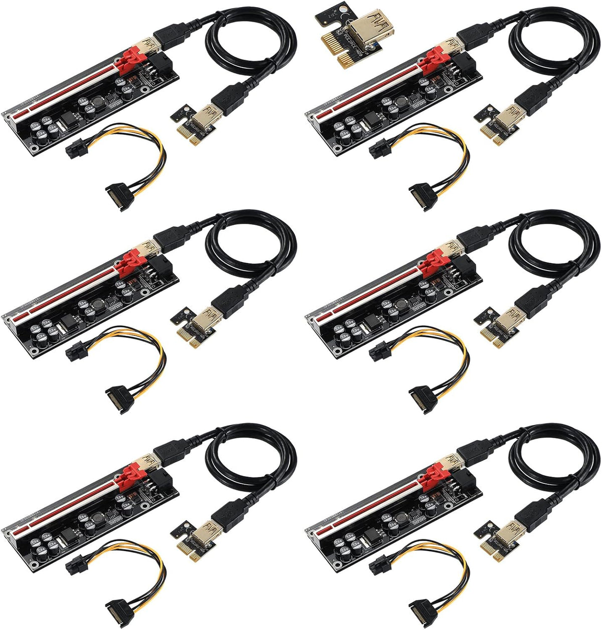 PCI-E 1X to 16X Riser Card with 24in USB 3.0 Extension Cable & 6PIN SATA Power Cable, Black, Pack of 2 C41241
